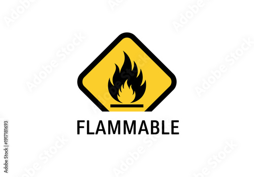 Warning sign with flame icon on yellow background indicating flammable materials nearby