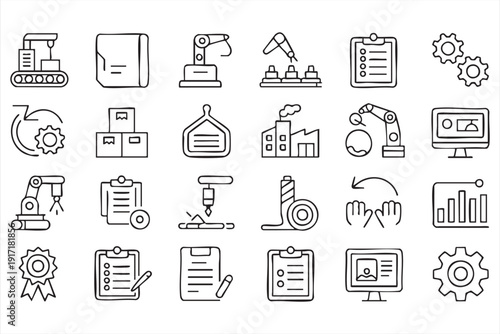 Automation technology icon pack featuring conveyor machinery and analytics