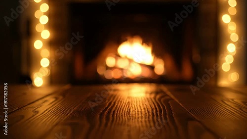 Cozy fireplace with warm glowing lights on wooden floor.
