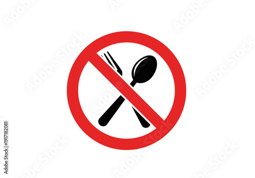 Prohibited Dining Utensils Illustration Featuring Spoon, Fork, and Prohibition Symbol in a Clear Red Circle Warning Sign