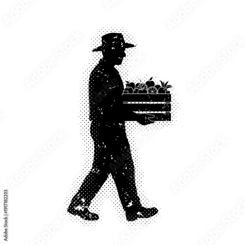 Farmer silhouette carrying crate of fruit, black and white halftone illustration