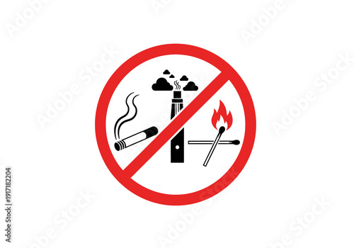 Prohibition sign illustrating no smoking and no open flames allowed with cigarette and match symbols