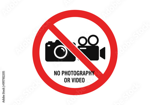 Prohibited photography and video recording sign with camera and camcorder icons inside a red circle with a diagonal bar