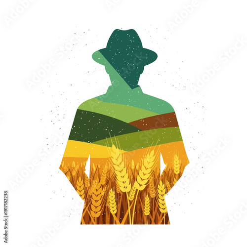 Farmer Silhouette with Wheat Field and Rolling Hills