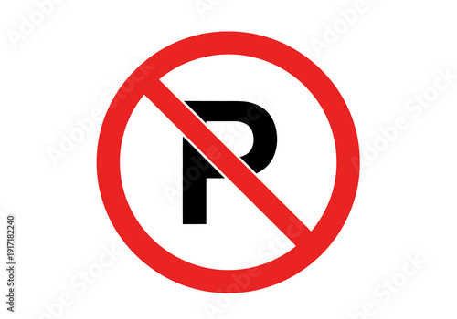 No Parking sign on white background, prohibition symbol, red circle with diagonal line, black lettering, clear signage, traffic regulation indicator