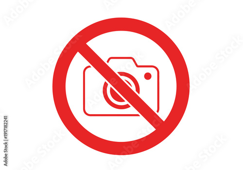 Red prohibition sign with camera icon, indicating photography restriction, symbolic vector illustration on plain background