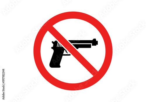 Prohibited firearms graphic illustration on a circular red prohibition symbol, viewed directly, representing a ban or restriction on weapons, imagefx_u5o13r_via_RJ_ImageFX_Auto.eps reference