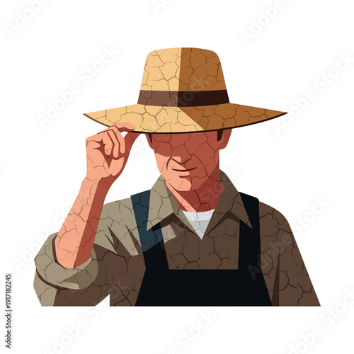 Farmer tipping straw hat, sun protection, rural worker, agricultural profession illustration