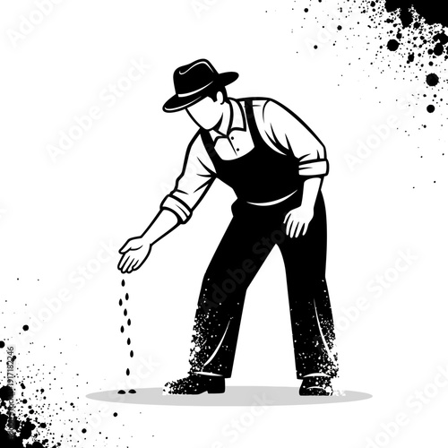 Farmer sowing seeds, agricultural illustration, vintage style