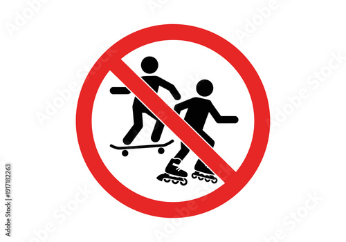 Prohibited Action Sign Featuring Roller Skating Figures in a Circular Prohibition Symbol