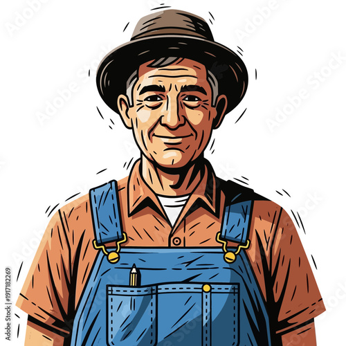 Farmer wearing overalls and hat, cartoon illustration, white background