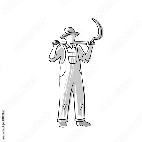 Farmer with sickle on shoulder, vintage illustration