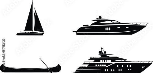 Boat silhouettes collection featuring sailboat, luxury yacht, canoe and motor yacht, marine transport icons representing travel, leisure and nautical lifestyle isolated on light background