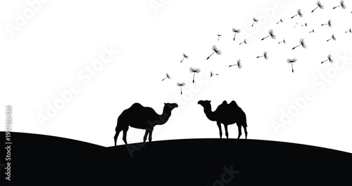 Camel silhouettes in desert landscape with drifting dandelion seeds in the wind, serene nature scene symbolizing travel, freedom and wilderness isolated on light background