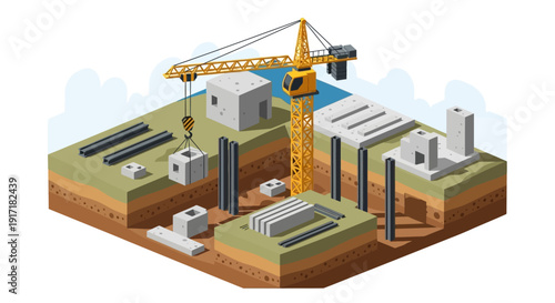 Construction site with crane and building materials isometric view.