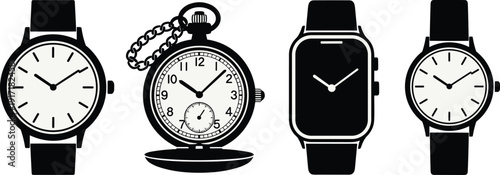 Collection of watch silhouettes including wristwatch, pocket watch and smartwatch icons, minimalist timepiece set representing time management, classic and modern design isolated on light background