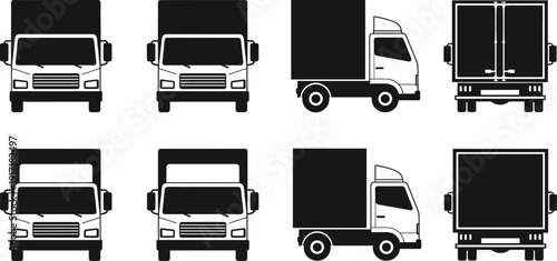 Delivery truck icon set in multiple views including front, side and rear, logistics transport vehicle silhouettes for shipping, cargo distribution and commercial freight service vector illustration