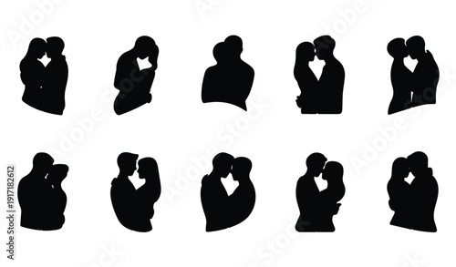 Close up romantic couple embrace silhouettes for intimate valentine and wedding card layouts
