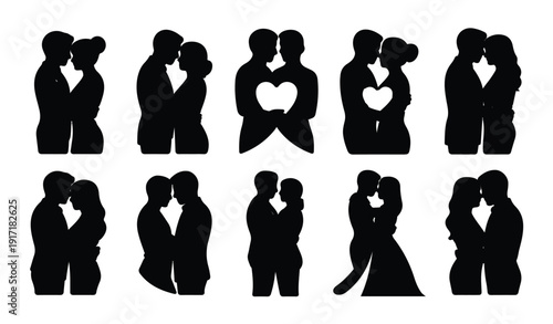 Couple kissing silhouette set, romantic kiss illustration, black and white vector art, love moments