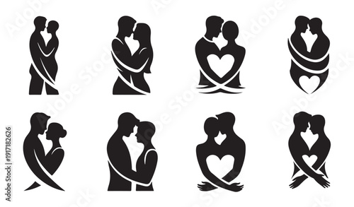 Couple silhouette set, romantic love illustration, black and white vector art, embrace and kiss