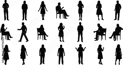 People silhouettes collection featuring men and women standing, walking and seated poses, human character set for social interaction, lifestyle scenes and professional presentation design