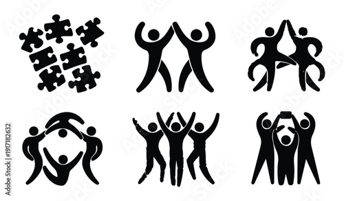 Teamwork and collaboration icon set, black and white vector art, unity and partnership symbols
