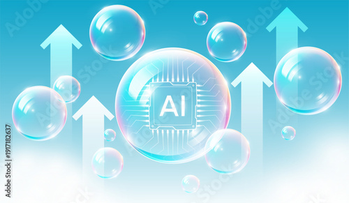 Artificial Intelligence Bubble Concept, AI processor chip in a bubble. Symbolizing the AI tech market bubble and hype, vector illustration	
