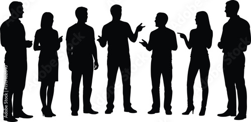 People silhouettes engaged in conversation, group discussion and social interaction poses, business communication and teamwork concept isolated on light background in minimalist vector illustration