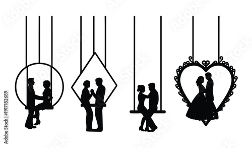 Romantic couples silhouettes on decorative swings with geometric frames and heart shapes