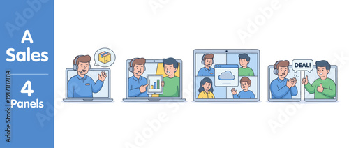 Set of four vector illustrations showing a professional sales representative conducting a remote product demo via video call, presenting data charts, and closing a successful business deal with a