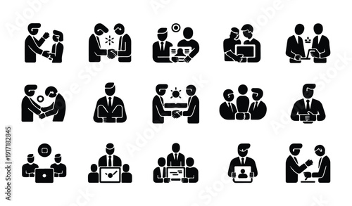 Business people meeting shaking hands and discussing projects in office settings