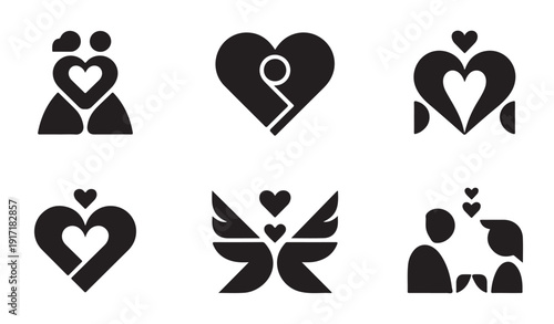 Heart icons representing love romance and relationships with couples and wings