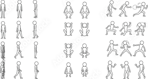 Stick figure character poses set showing walking, running, squatting and action movements, human motion sequence illustration for animation reference, fitness exercise guide and gesture design