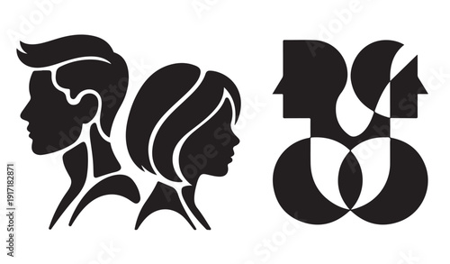 Abstract gender profiles with modern artistic shapes representing relationship and identity