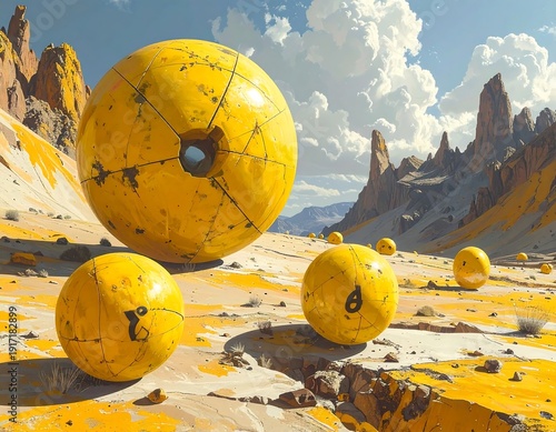 Surreal landscape with large yellow spheres, rocky formations, and a cloudy blue sky