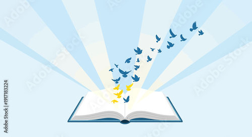 An open book releasing blue and yellow birds into the light, symbolizing freedom and knowledge