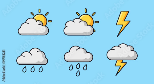 Weather icons set depicting various conditions with clouds, sun, rain, and lightning on a blue background from a straightforward viewpoint