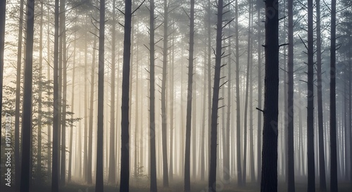 Misty Pine Forest During Sunrise with Tall Trees and Soft Light Rays Creating a Serene Atmosphere