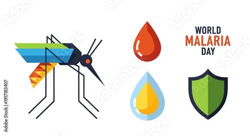 Vector illustration of a mosquito and symbols for World Malaria Day awareness campaign