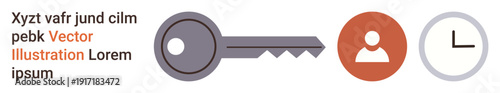 Security, access control, time management, user authentication, privacy, digital identity. A key, person icon and clock. Security and access control concepts are visually