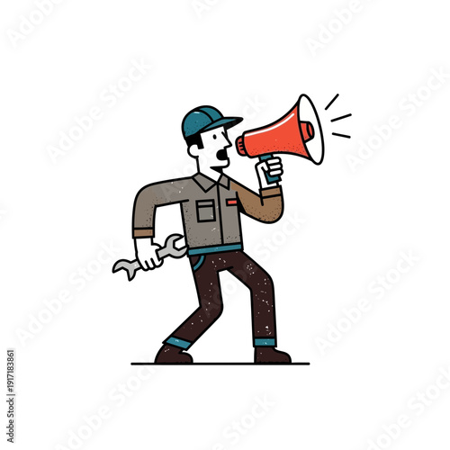 Worker with Megaphone and Wrench Announcing News