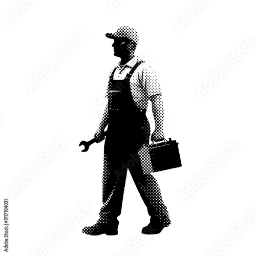 Mechanic walking with toolbox and wrench, halftone illustration