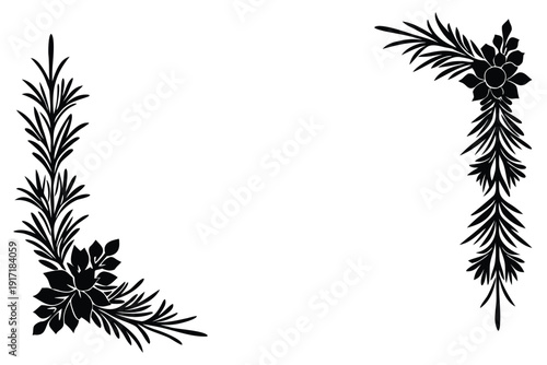 Editable vector border with lush pine branches and mistletoe accents, ideal for festive holiday card designs.