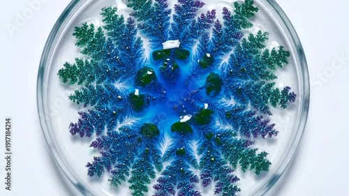 Vibrant blue and green fractal pattern in a petri dish on white background.