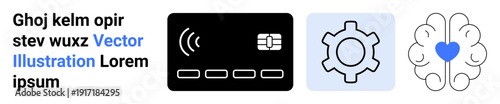 Contactless payment card, cogwheel icon representing settings, and brain with heart symbolizing mindful innovation. Ideal for fintech, technology, user experience, creativity, mindfulness