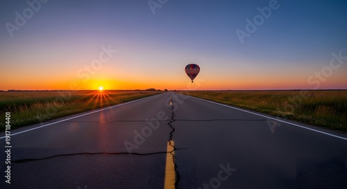 A solitary hot air balloon ascends into the vibrant sky above a long, empty road at sunrise, casting a warm glow