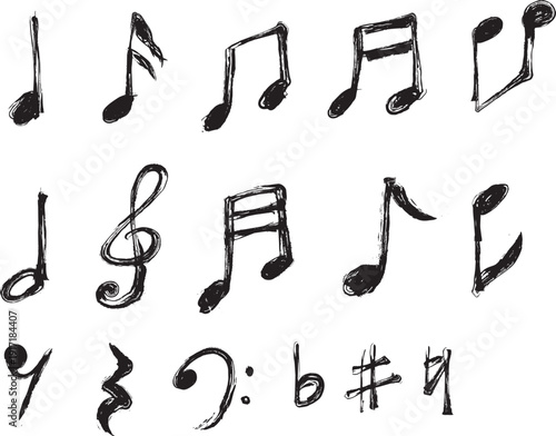 手書きの音符墨絵風のアイコンイラスト素材セット