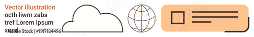 Cloud technology, global connections, data exchange, digital ID, network systems, information storage. Icons include cloud, globe, abstract ID to cloud computing and global connectivity