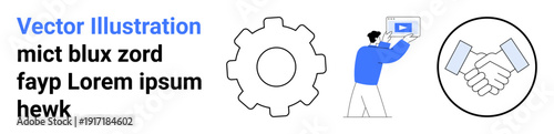 Gear symbolizing process, handshake for partnership, person showcasing video. Ideal for teamwork, workflow, partnership, video presentation, agreement, collaboration simple landing page