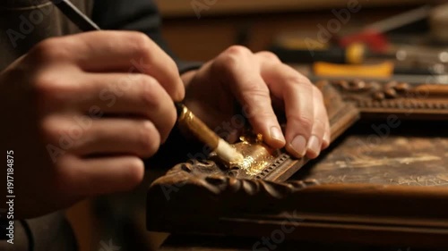 Skilled craftsman meticulously engraving intricate designs on leather.